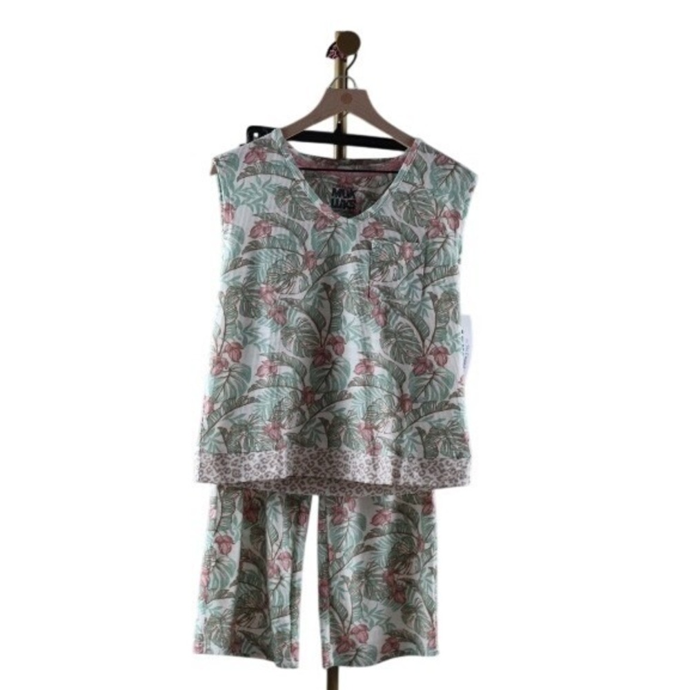 Muk Luks Pajama Set Womens XS Green Pink Tropical Palm Waffle Knit New